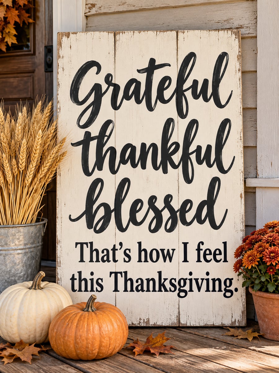 Thanksgiving greeting image: farmhouse sign, wheat, heirloom pumpkins, mums. It says “Grateful thankful blessed” and “That’s how I feel this Thanksgiving.”