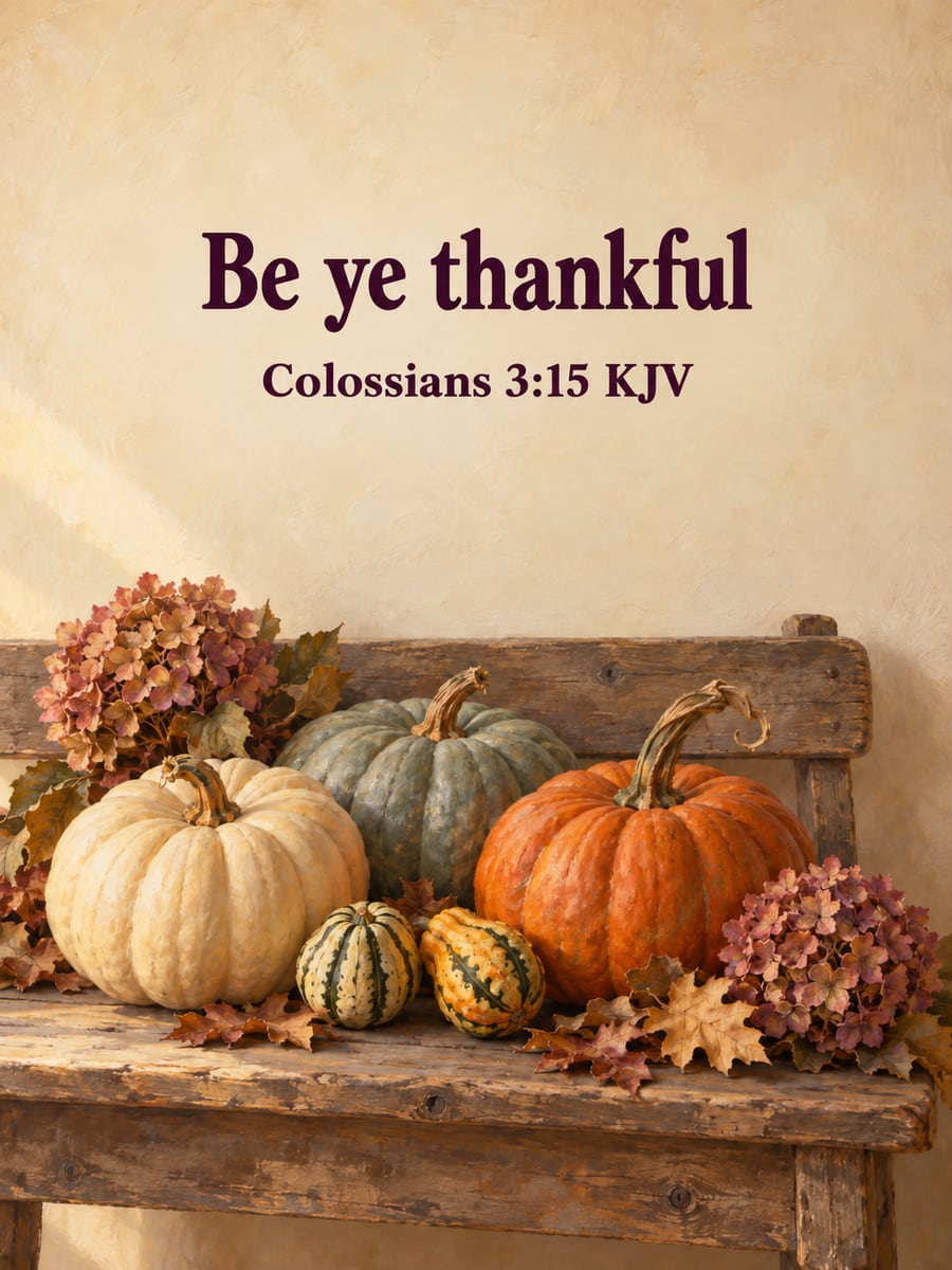 Thanksgiving greeting image: heirloom pumpkins, gourds, wooden bench. It says “Be ye thankful”