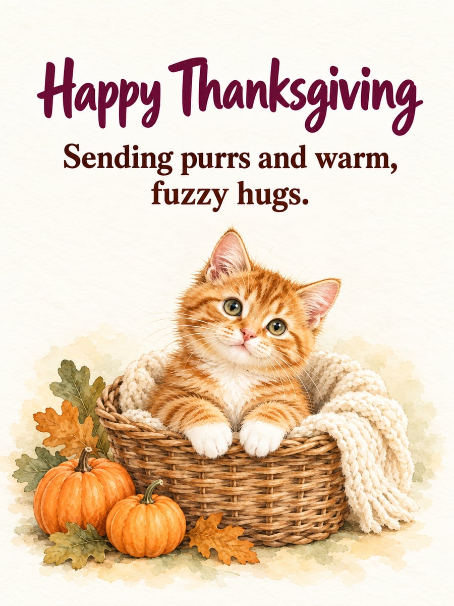 Thanksgiving greeting image: kitten, willow basket, knit blanket, pumpkins. It says “Happy Thanksgiving” and “Sending purrs and warm, fuzzy hugs.”