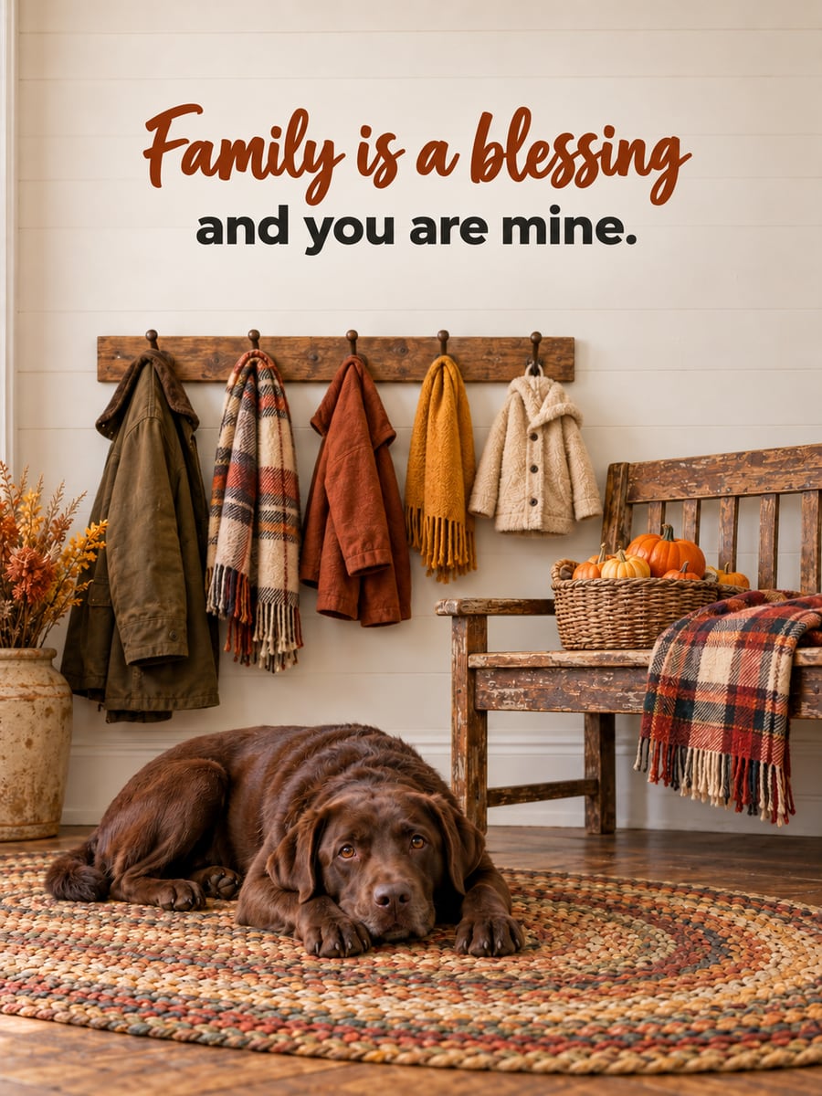Thanksgiving greeting image: chocolate Labrador, family coats, pumpkins, farmhouse entryway. It says “Family is a blessing” and “and you are mine.”