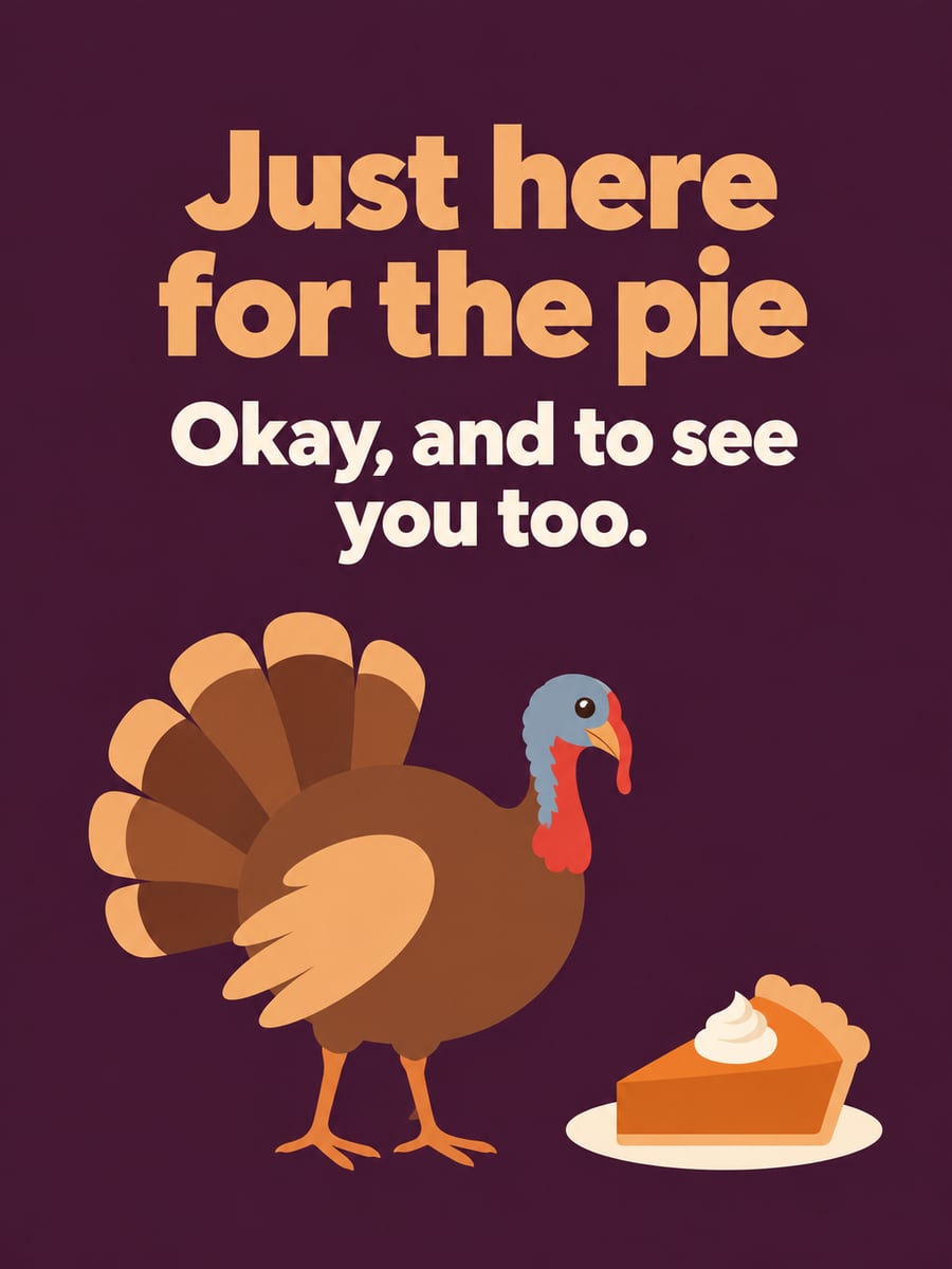 Thanksgiving greeting image: turkey, pumpkin pie. It says “Just here for the pie” and “Okay, and to see you too.”