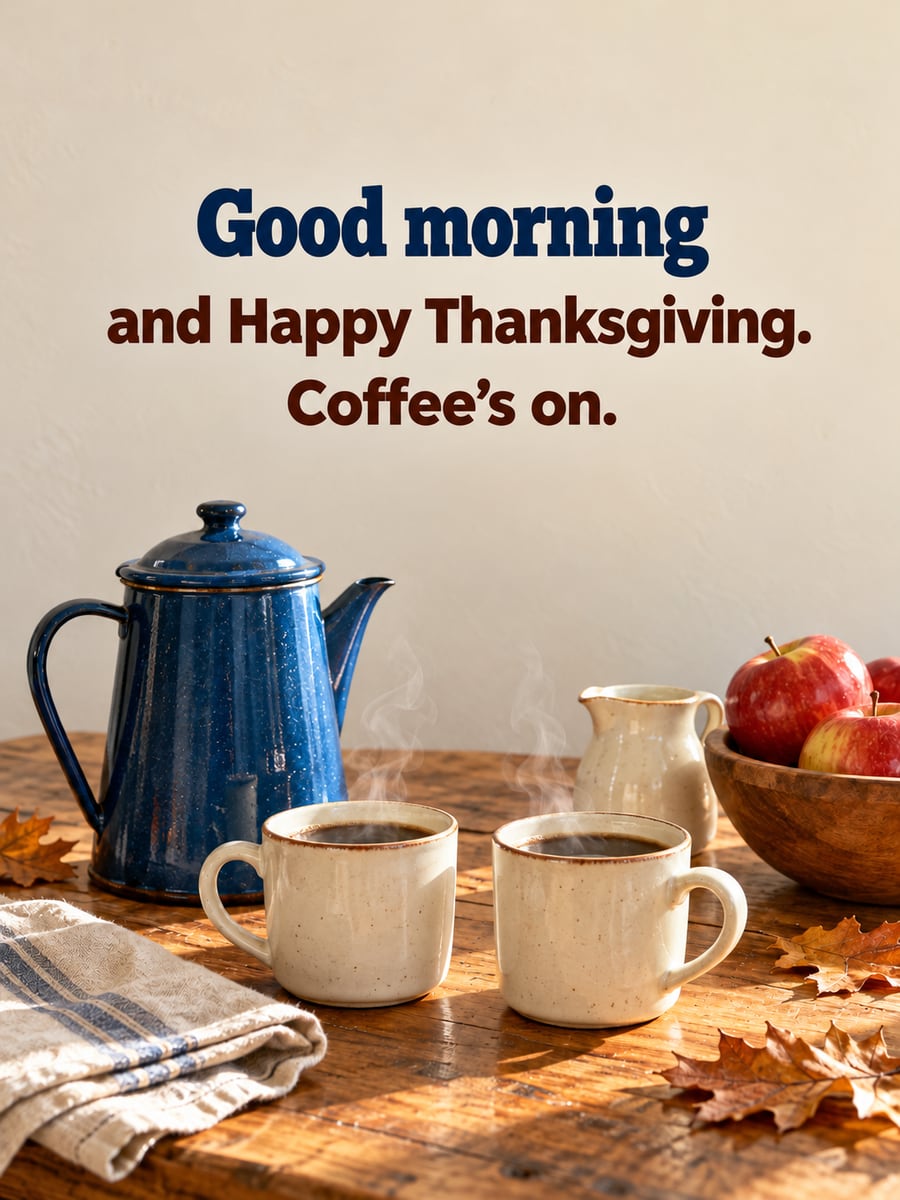 Thanksgiving greeting image: coffee pot, coffee mugs, apples, kitchen table. It says “Good morning” and “and Happy Thanksgiving. Coffee’s on.”
