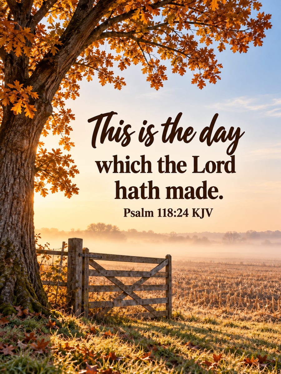 Thanksgiving greeting image: oak tree, farm gate, harvested field. It says “This is the day” and “which the Lord hath made.”