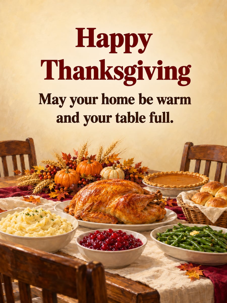 Thanksgiving greeting image: thanksgiving dinner, roast turkey, mashed potatoes, pumpkin pie. It says “Happy Thanksgiving” and “May your home be warm and your table full.”