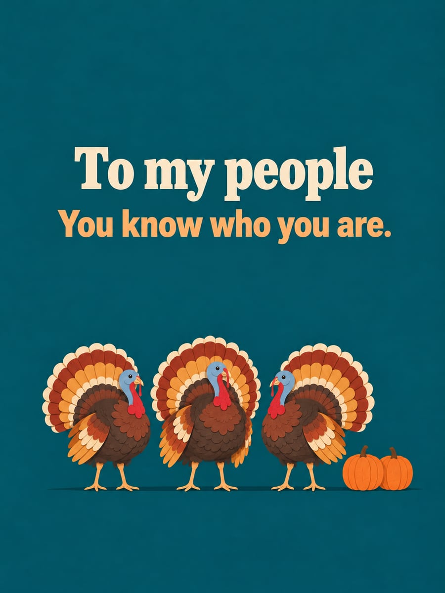 Thanksgiving greeting image: turkeys, pumpkins. It says “To my people” and “You know who you are.”