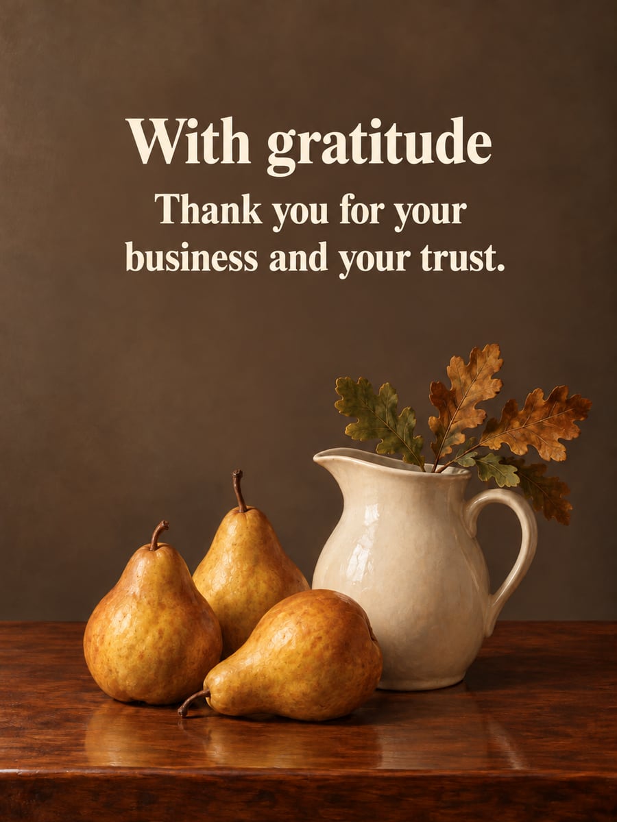 Thanksgiving greeting image: pears, ceramic pitcher, oak leaves. It says “With gratitude” and “Thank you for your business and your trust.”