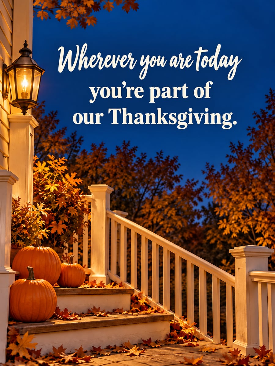 Thanksgiving greeting image: porch lamp, farmhouse porch, pumpkins, oak leaves. It says “Wherever you are today” and “you’re part of our Thanksgiving.”