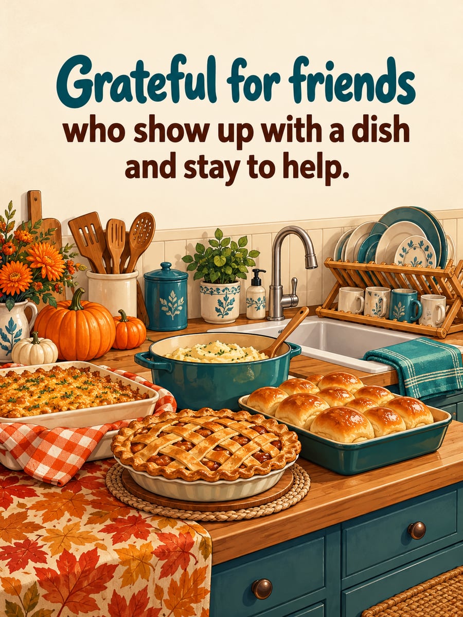 Thanksgiving greeting image: potluck dishes, apple pie, dinner rolls, dish rack. It says “Grateful for friends” and “who show up with a dish and stay to help.”