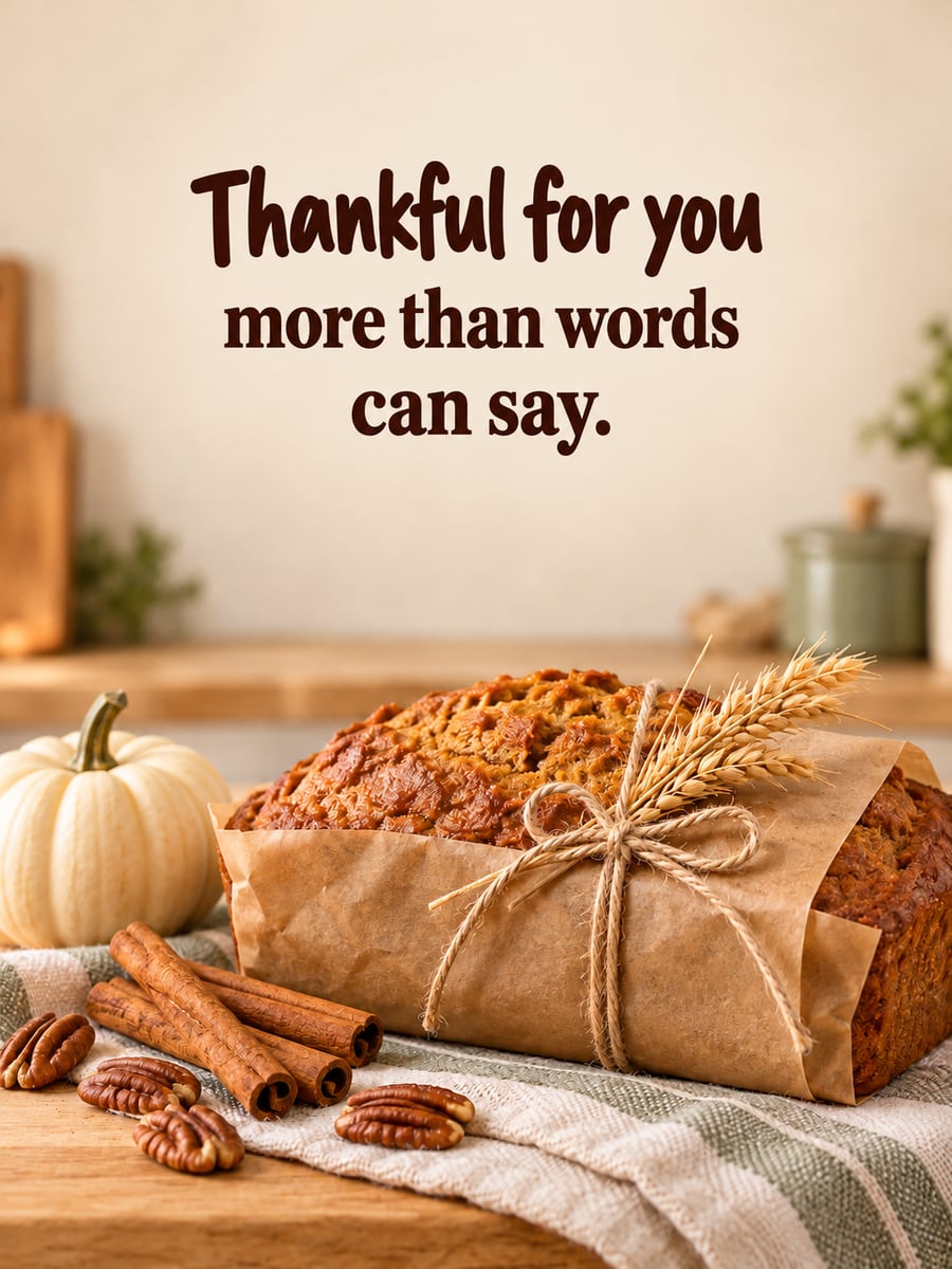 Thanksgiving greeting image: pumpkin bread, wheat, white pumpkin, cinnamon sticks. It says “Thankful for you” and “more than words can say.”