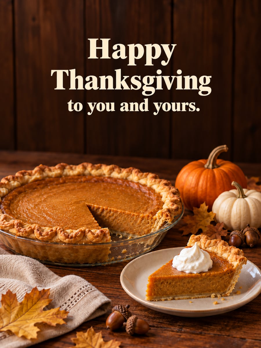 Thanksgiving greeting image: pumpkin pie, whipped cream, pumpkins, oak leaves. It says “Happy Thanksgiving” and “to you and yours.”