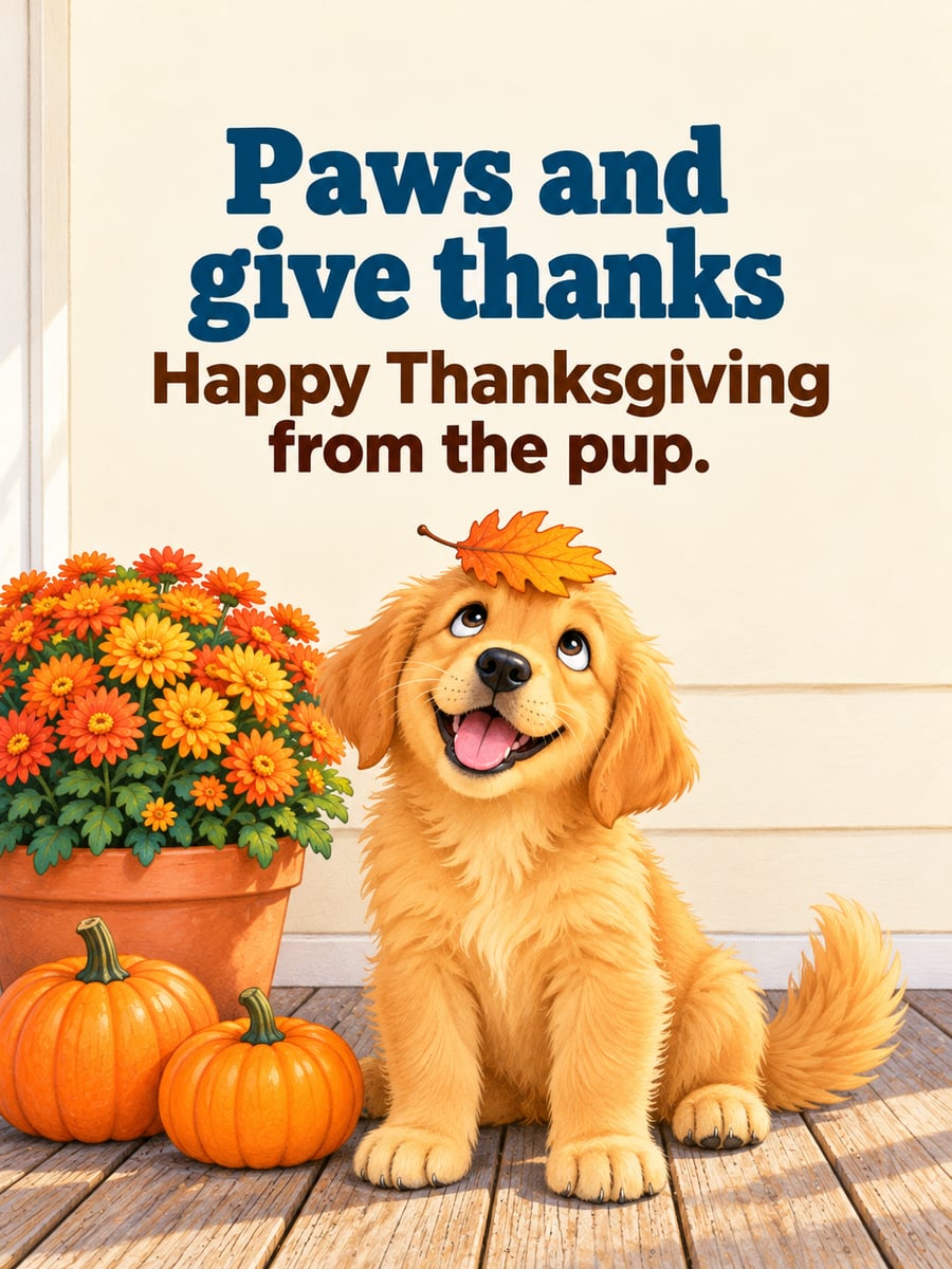 Thanksgiving greeting image: golden retriever puppy, oak leaf, mums, pumpkins. It says “Paws and give thanks” and “Happy Thanksgiving from the pup.”