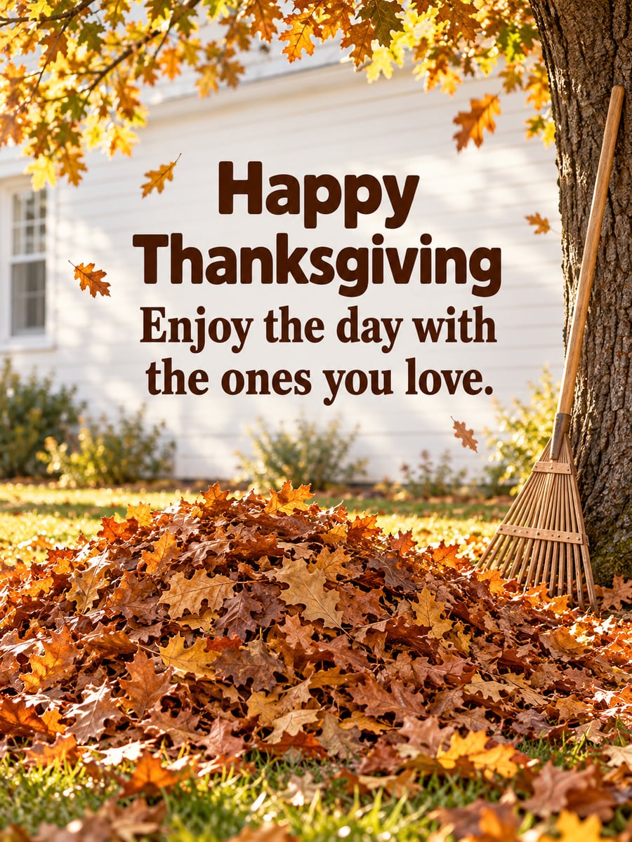 Thanksgiving greeting image: leaf pile, oak tree, leaf rake. It says “Happy Thanksgiving” and “Enjoy the day with the ones you love.”