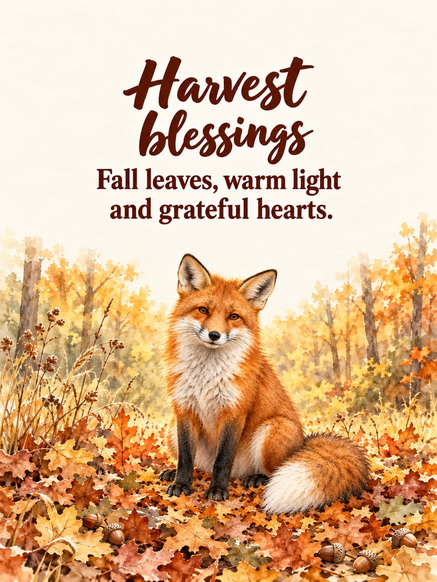 Thanksgiving greeting image: red fox, oak leaves, acorns. It says “Harvest blessings” and “Fall leaves, warm light and grateful hearts.”