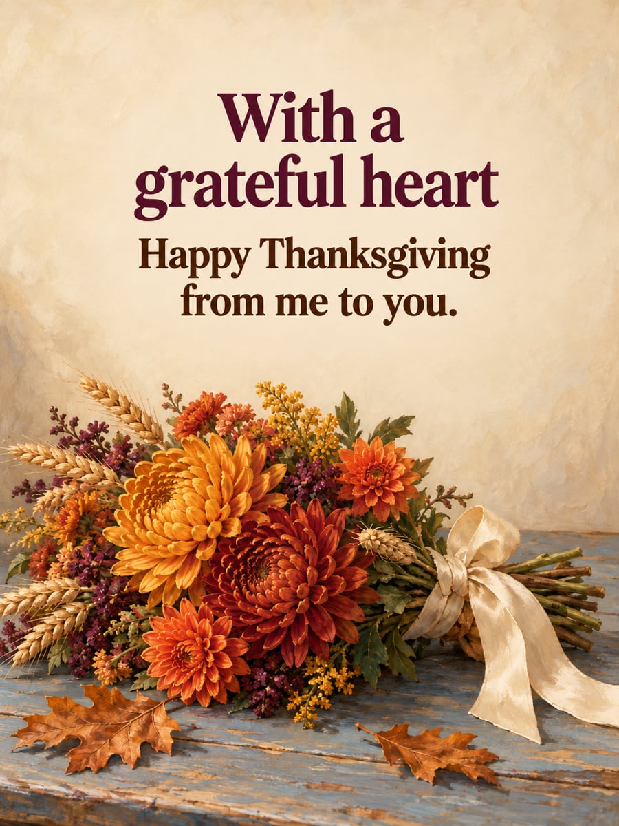 Thanksgiving greeting image: autumn bouquet, chrysanthemums, dahlias, ribbon. It says “With a grateful heart” and “Happy Thanksgiving from me to you.”