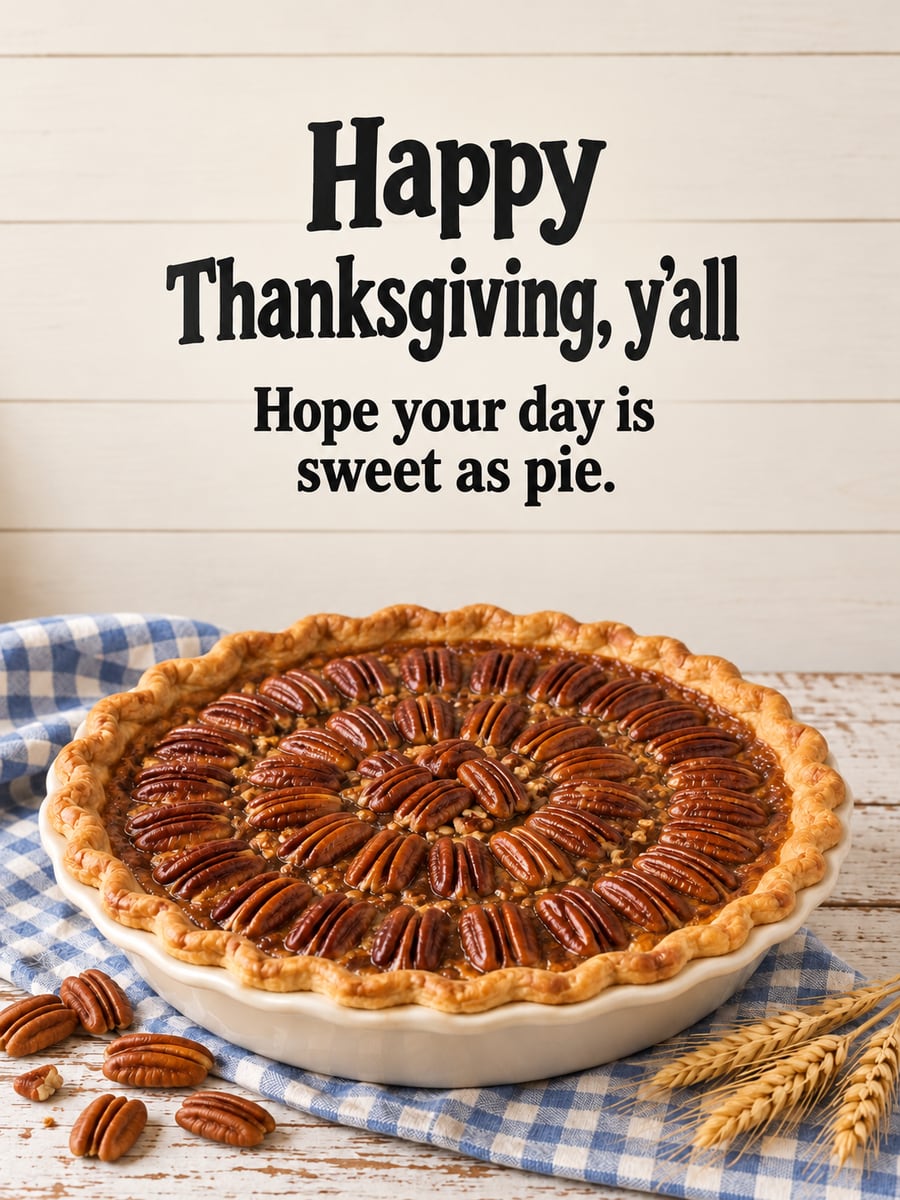 Thanksgiving greeting image: pecan pie, gingham cloth, farmhouse table. It says “Happy Thanksgiving, y’all” and “Hope your day is sweet as pie.”