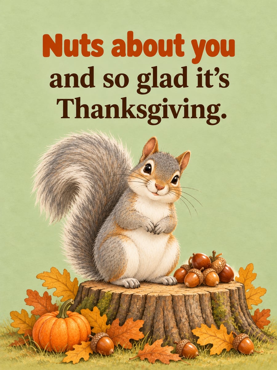 Thanksgiving greeting image: squirrel, acorns, oak stump, oak leaves. It says “Nuts about you” and “and so glad it’s Thanksgiving.”