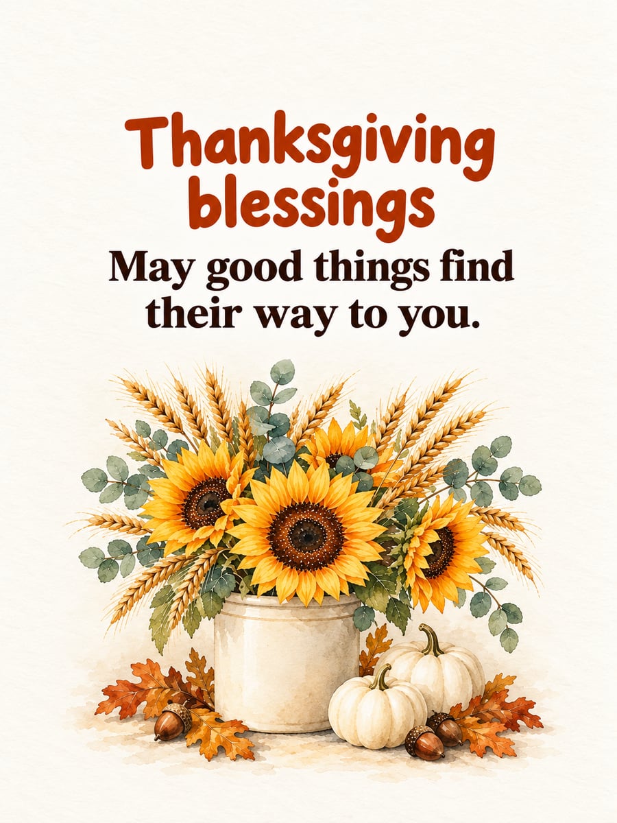 Thanksgiving greeting image: sunflowers, wheat, white pumpkins, stoneware crock. It says “Thanksgiving blessings” and “May good things find their way to you.”