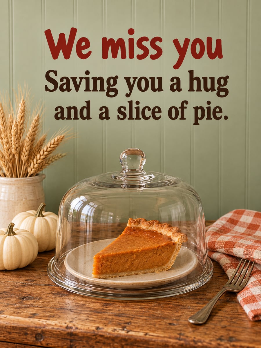 Thanksgiving greeting image: sweet potato pie, glass cake dome, tea towel, wheat. It says “We miss you” and “Saving you a hug and a slice of pie.”