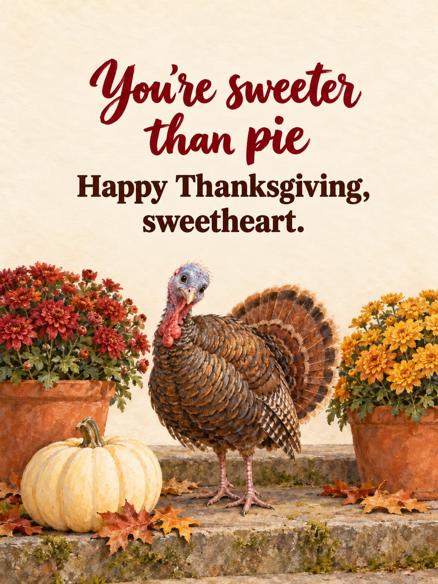 Thanksgiving greeting image: turkey, mums, heirloom pumpkin, oak leaves. It says “You’re sweeter than pie” and “Happy Thanksgiving, sweetheart.”