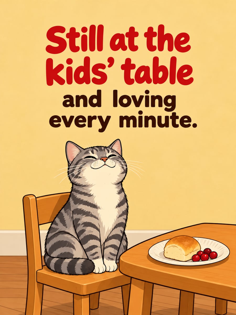 Thanksgiving greeting image: tabby cat, little table, dinner roll. It says “Still at the kids’ table” and “and loving every minute.”