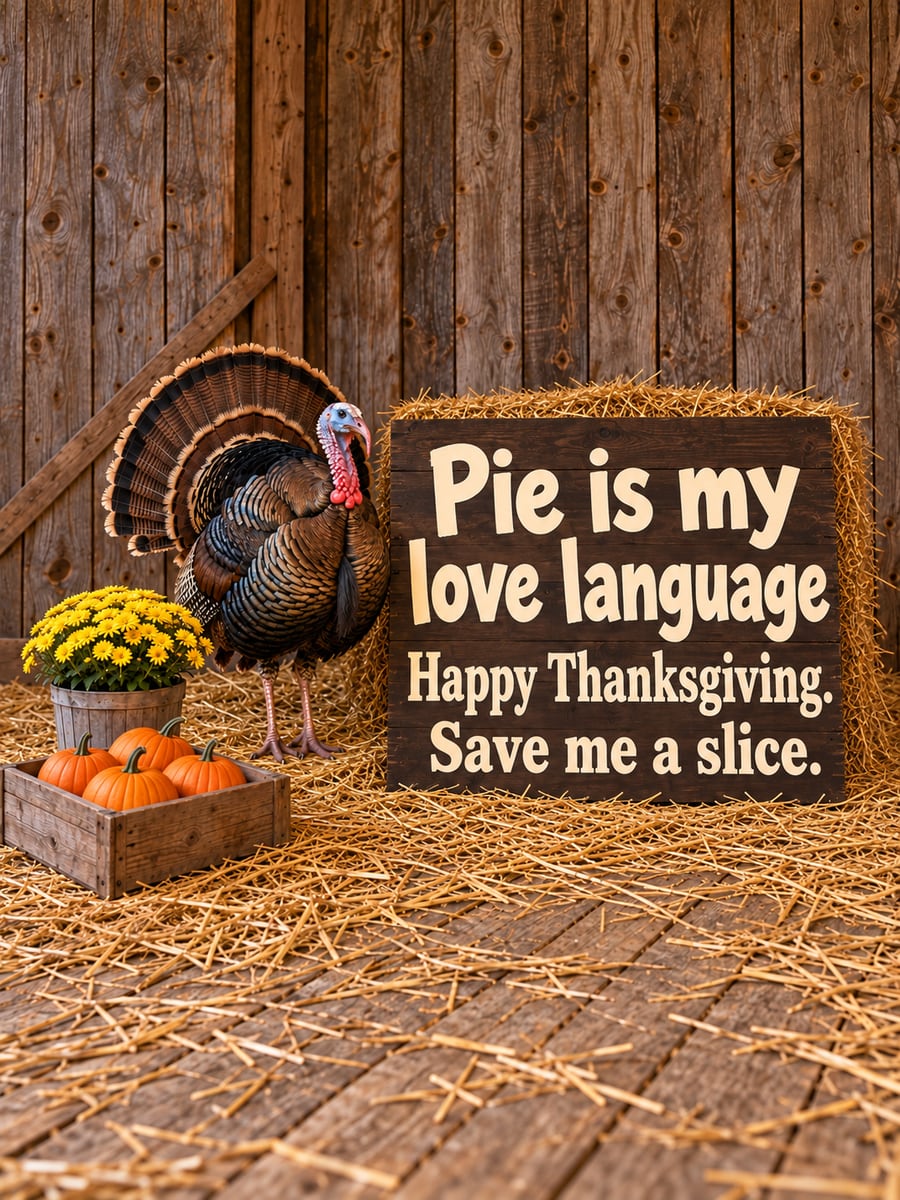 Thanksgiving greeting image: turkey, barn wood sign, hay bale, pumpkins. It says “Pie is my love language” and “Happy Thanksgiving. Save me a slice.”