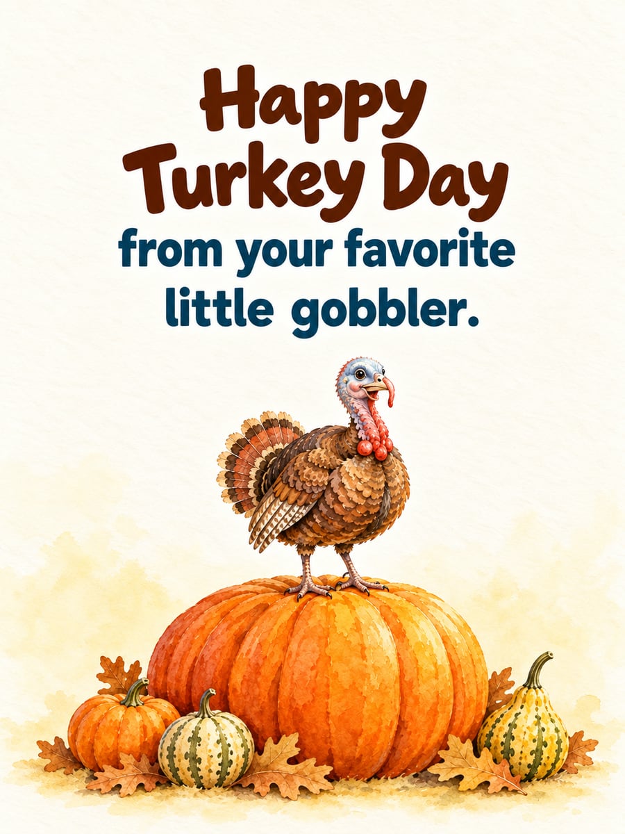 Thanksgiving greeting image: turkey, giant pumpkin, gourds. It says “Happy Turkey Day” and “from your favorite little gobbler.”