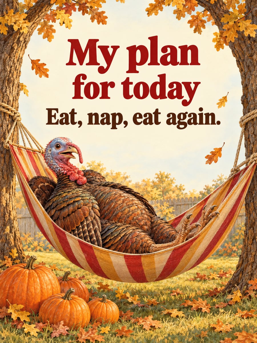 Thanksgiving greeting image: turkey, hammock, oak trees, pumpkins. It says “My plan for today” and “Eat, nap, eat again.”