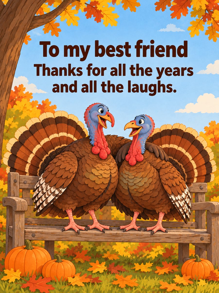 Thanksgiving greeting image: turkeys, garden bench, pumpkins, oak tree. It says “To my best friend” and “Thanks for all the years and all the laughs.”