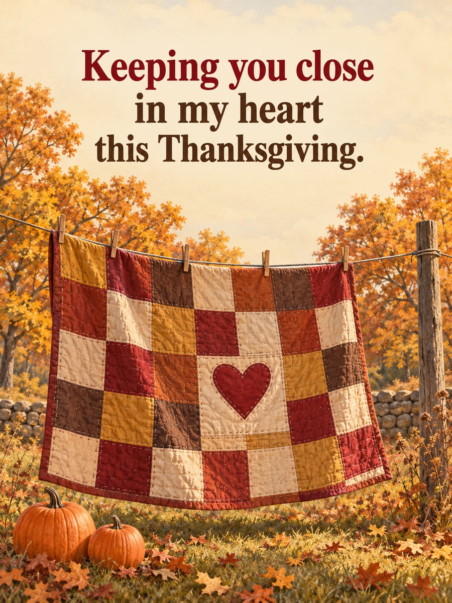 Thanksgiving greeting image: patchwork quilt, red heart, clothesline, pumpkins. It says “Keeping you close” and “in my heart this Thanksgiving.”