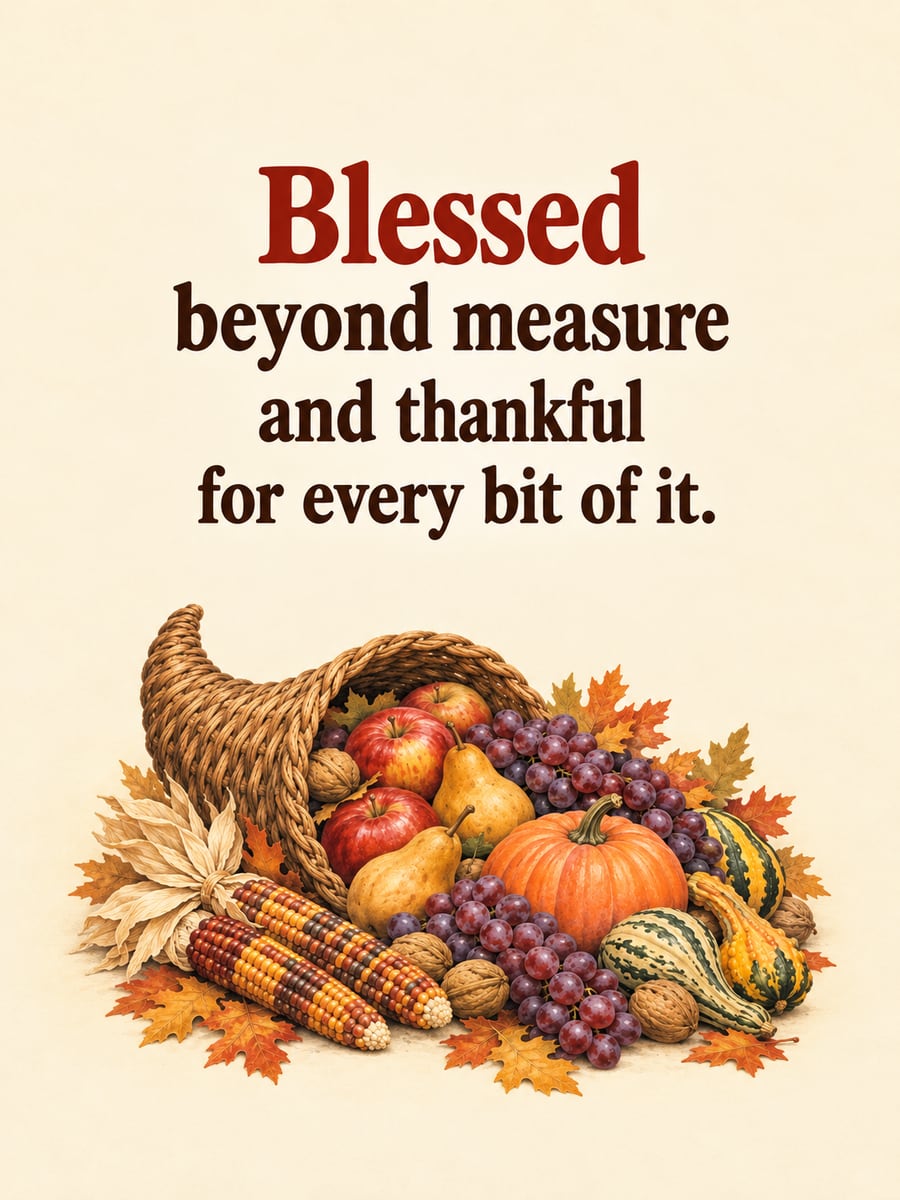 Thanksgiving greeting image: horn of plenty, apples, pears, grapes, ornamental corn. It says “Blessed beyond measure” and “and thankful for every bit of it.”