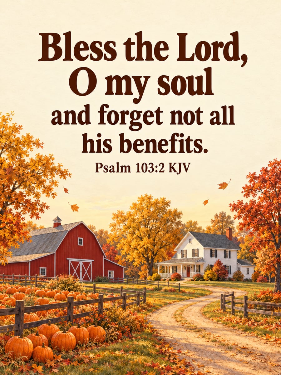 Thanksgiving greeting image: red barn, farmhouse, pumpkin rows, country lane. It says “Bless the Lord, O my soul” and “and forget not all his benefits.”