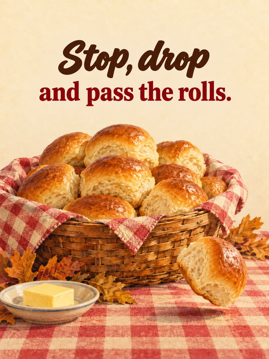 Thanksgiving greeting image: dinner rolls, bread basket, tablecloth. It says “Stop, drop” and “and pass the rolls.”