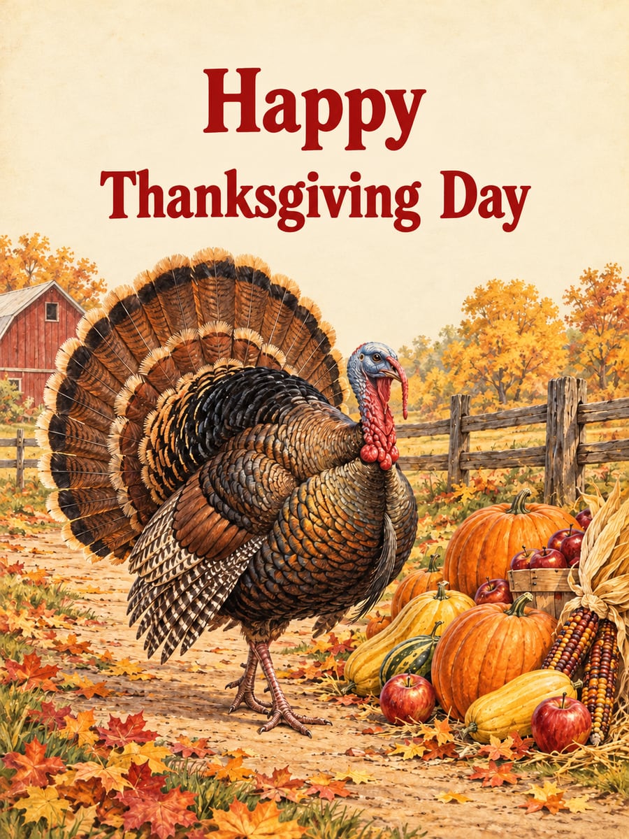 Thanksgiving greeting image: wild turkey, pumpkins, ornamental corn, apples. It says “Happy Thanksgiving Day”