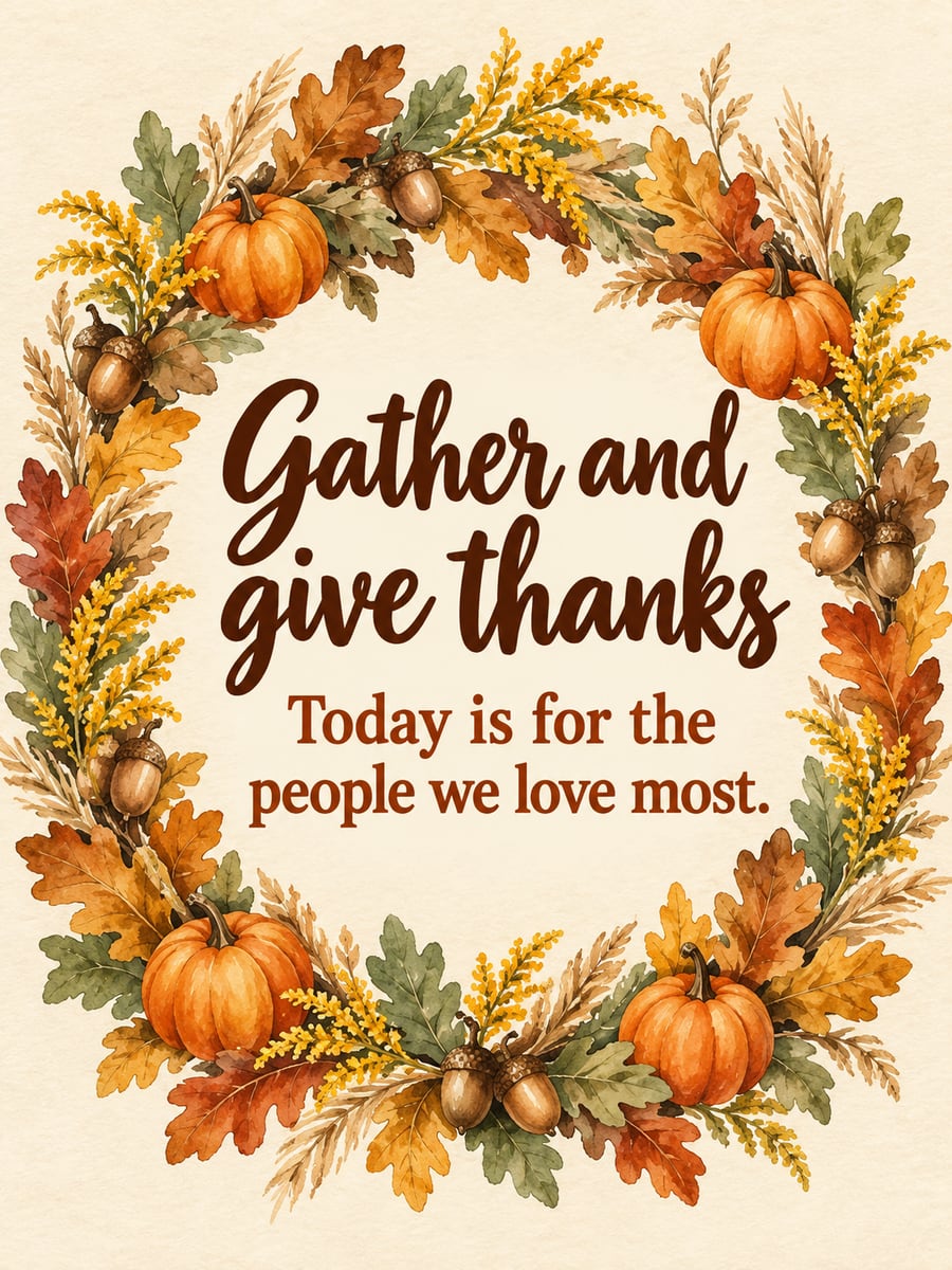 Thanksgiving greeting image: autumn wreath, oak leaves, acorns, goldenrod. It says “Gather and give thanks” and “Today is for the people we love most.”