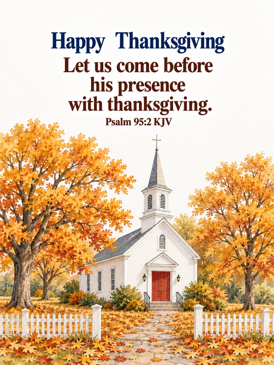 Thanksgiving greeting image: country church, oak trees, picket fence. It says “Happy Thanksgiving” and “Let us come before his presence with thanksgiving.”