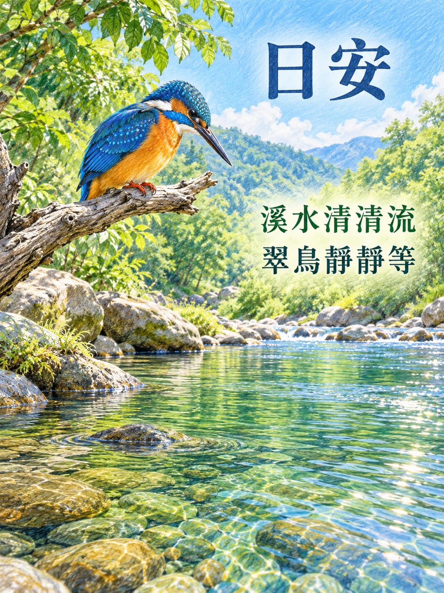 溪畔翠鳥。圖中文字：日安，溪水清清流，翠鳥靜靜等