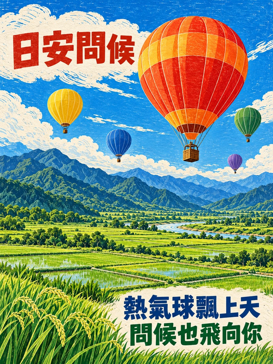 縱谷熱氣球。圖中文字：日安問候，熱氣球飄上天，問候也飛向你