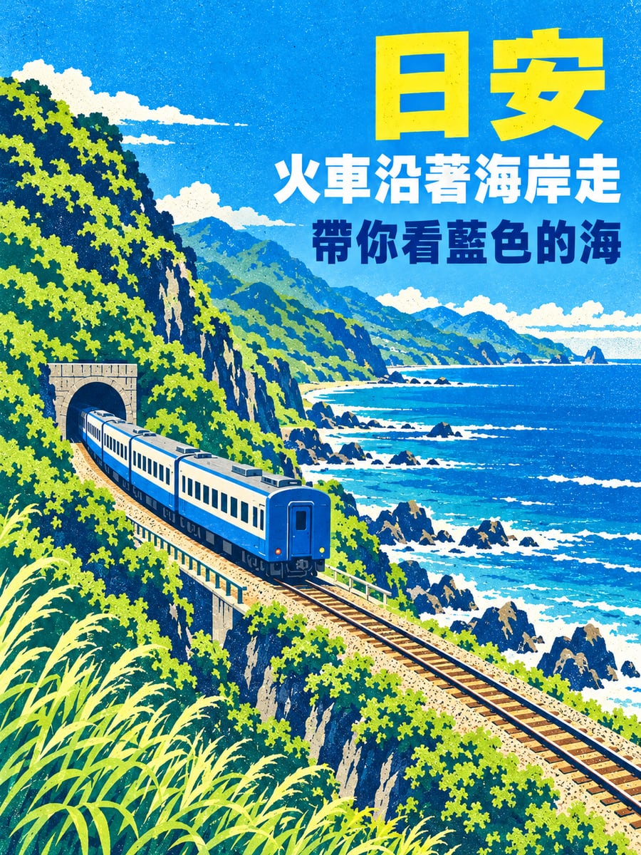 海岸鐵道小火車。圖中文字：日安，火車沿著海岸走，帶你看藍色的海