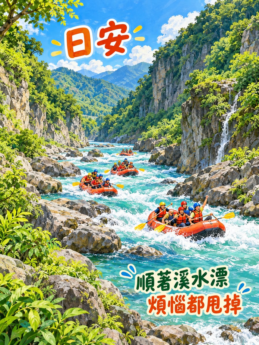 溪谷泛舟。圖中文字：日安，順著溪水漂，煩惱都甩掉