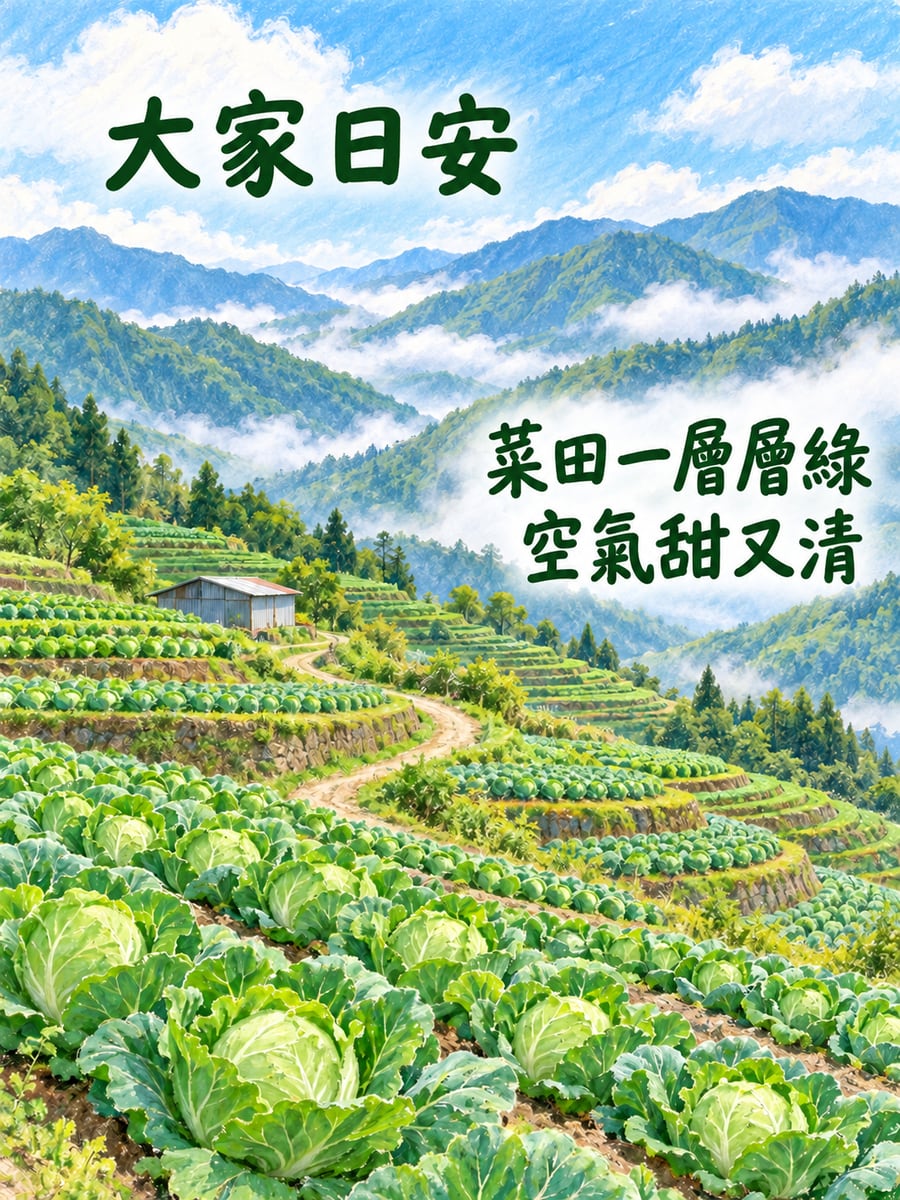 高地菜田。圖中文字：大家日安，菜田一層層綠，空氣甜又清