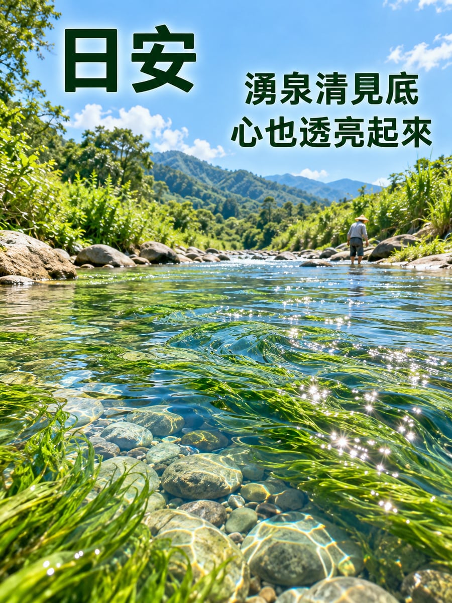 湧泉水草。圖中文字：日安，湧泉清見底，心也透亮起來