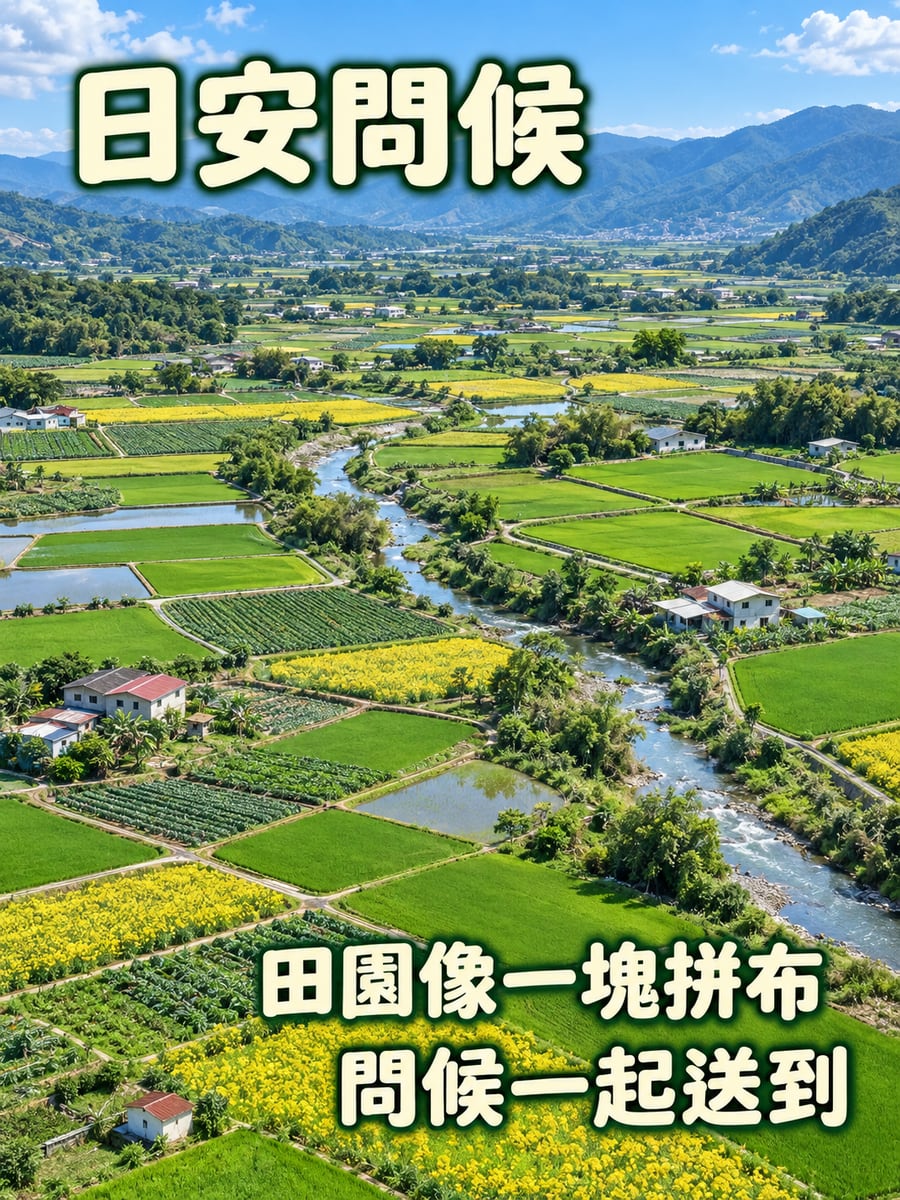 拼布般的田園。圖中文字：日安問候，田園像一塊拼布，問候一起送到