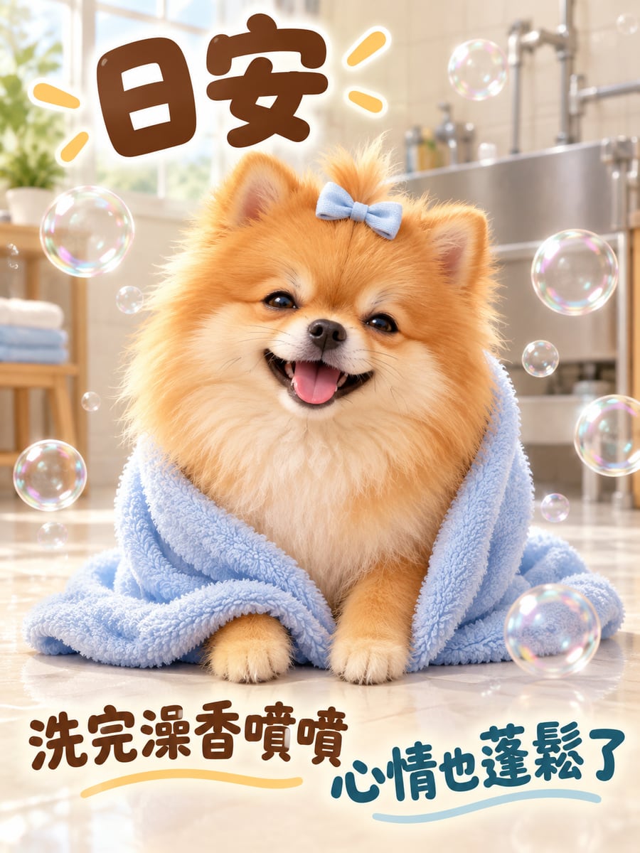 洗香香的博美。圖中文字：日安，洗完澡香噴噴，心情也蓬鬆了