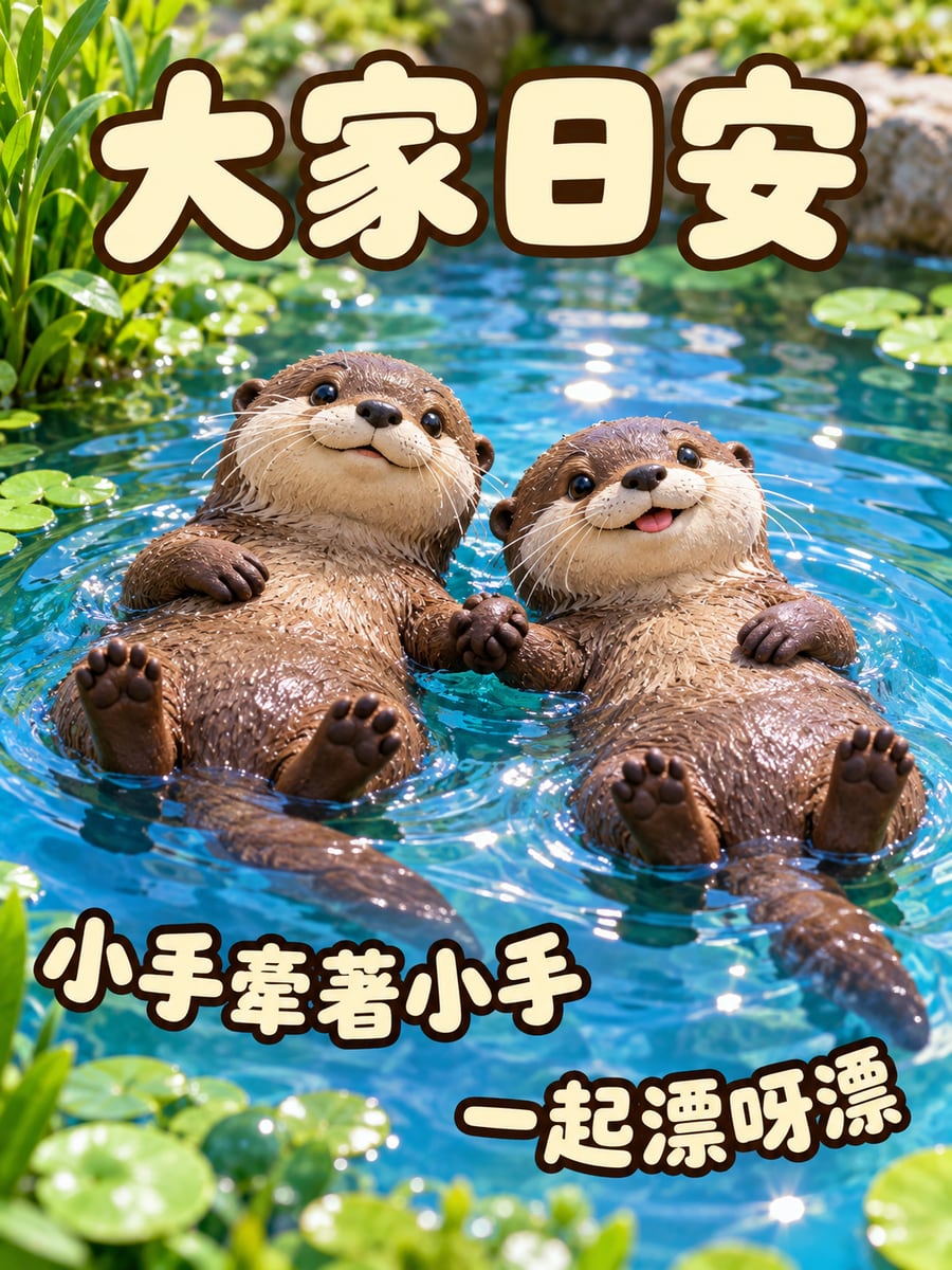 牽手的水獺。圖中文字：大家日安，小手牽著小手，一起漂呀漂
