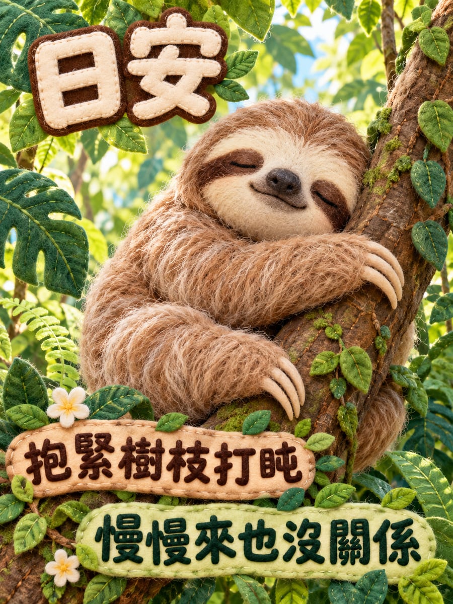 打盹的樹懶。圖中文字：日安，抱緊樹枝打盹，慢慢來也沒關係