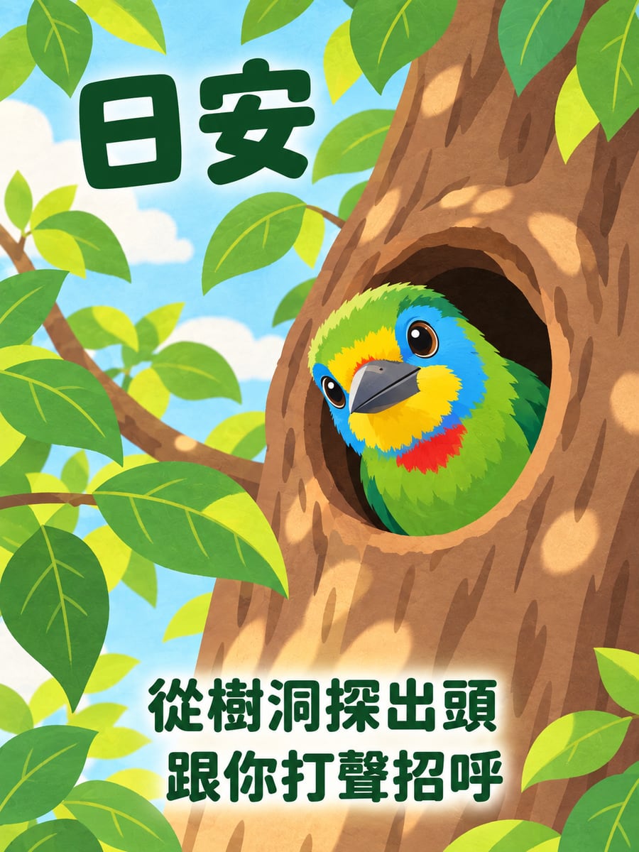 探頭的五色鳥。圖中文字：日安，從樹洞探出頭，跟你打聲招呼