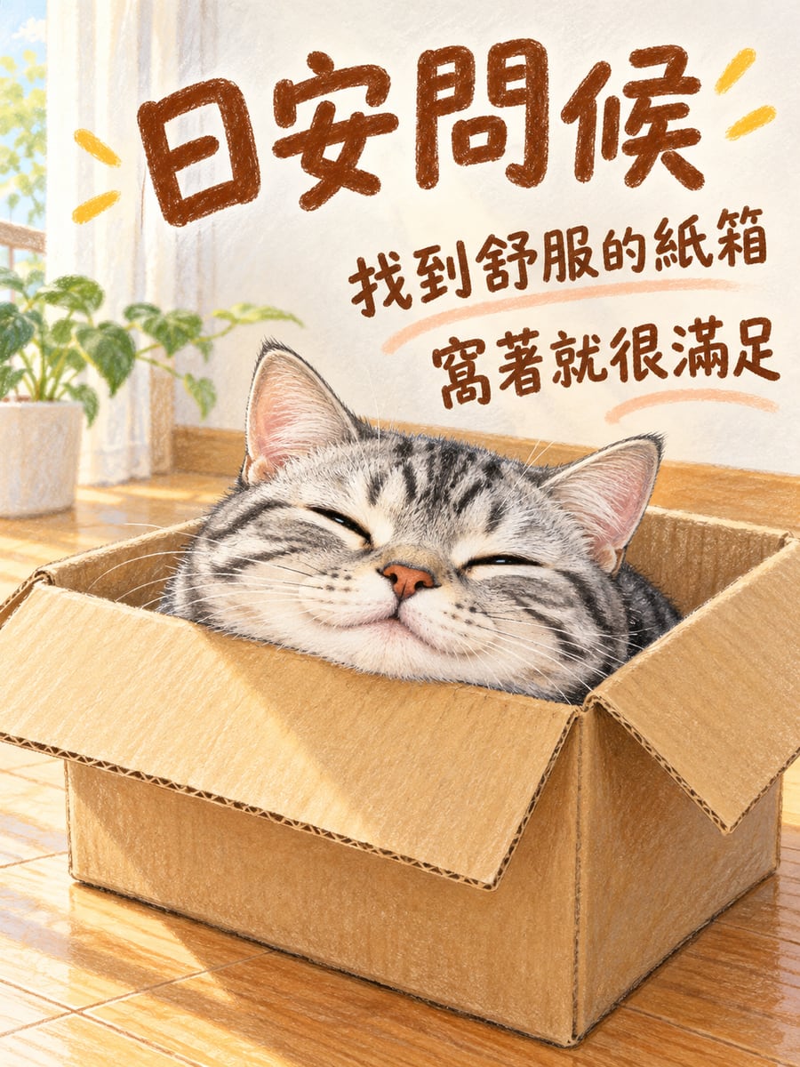 紙箱裡的美短。圖中文字：日安問候，找到舒服的紙箱，窩著就很滿足