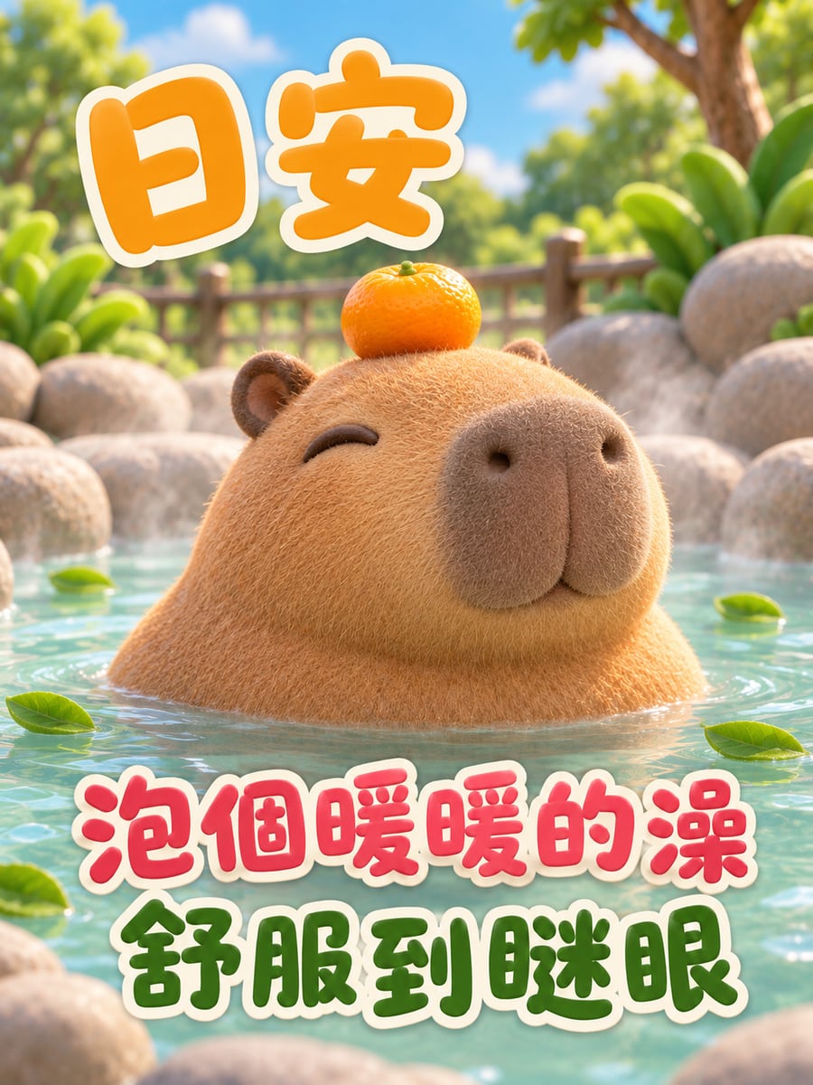泡湯的水豚。圖中文字：日安，泡個暖暖的澡，舒服到瞇眼