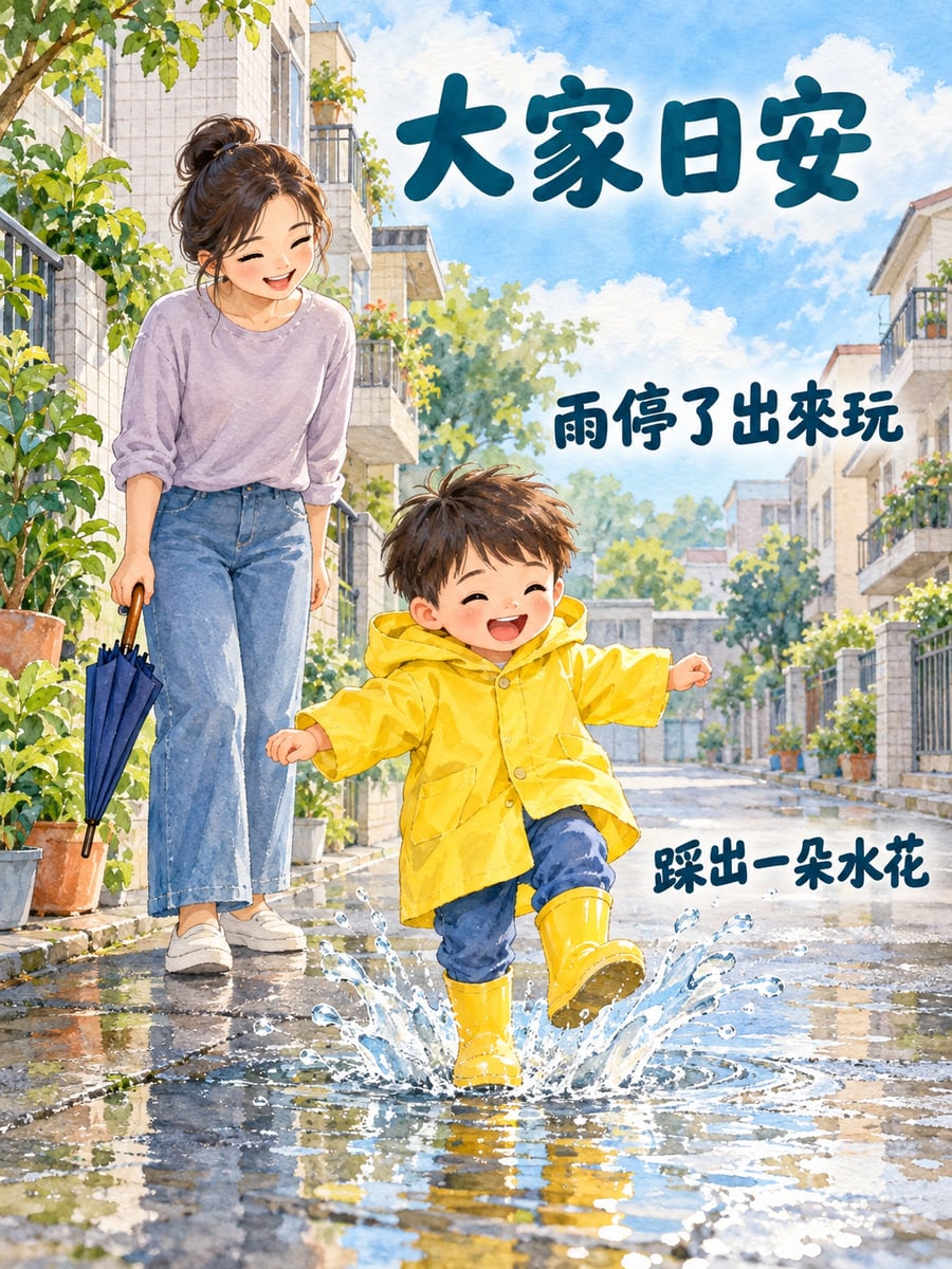 雨鞋踩水坑。圖中文字：大家日安，雨停了出來玩，踩出一朵水花