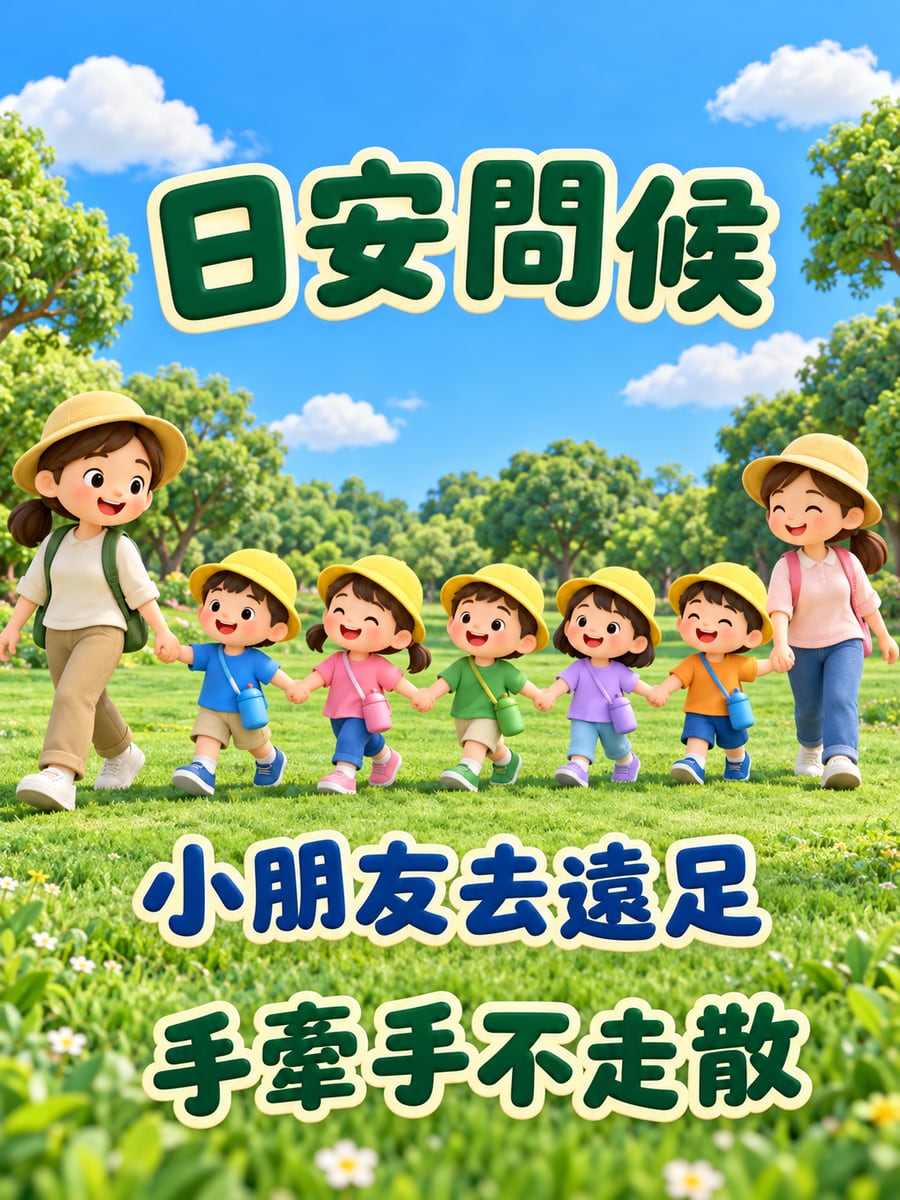 小朋友去遠足。圖中文字：日安問候，小朋友去遠足，手牽手不走散